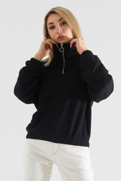 Kol Ucu , Etek Lastikli Yaka Fermuarlı Sweatshirt L - Siyah