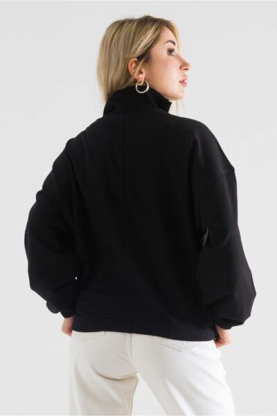 Kol Ucu , Etek Lastikli Yaka Fermuarlı Sweatshirt L - Siyah