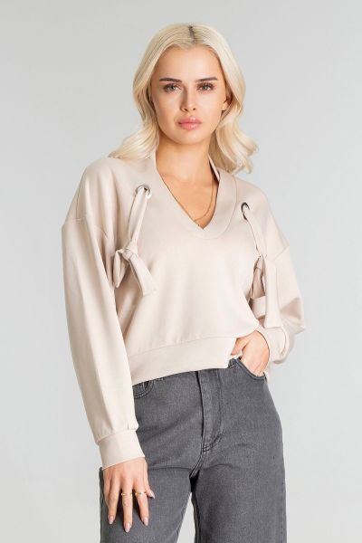 Kadın Modal Cupra Kumaş Kuşgözü Kordonlu Sweatshirt L - BEJ