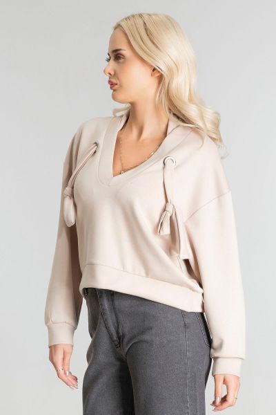 Kadın Modal Cupra Kumaş Kuşgözü Kordonlu Sweatshirt L - BEJ