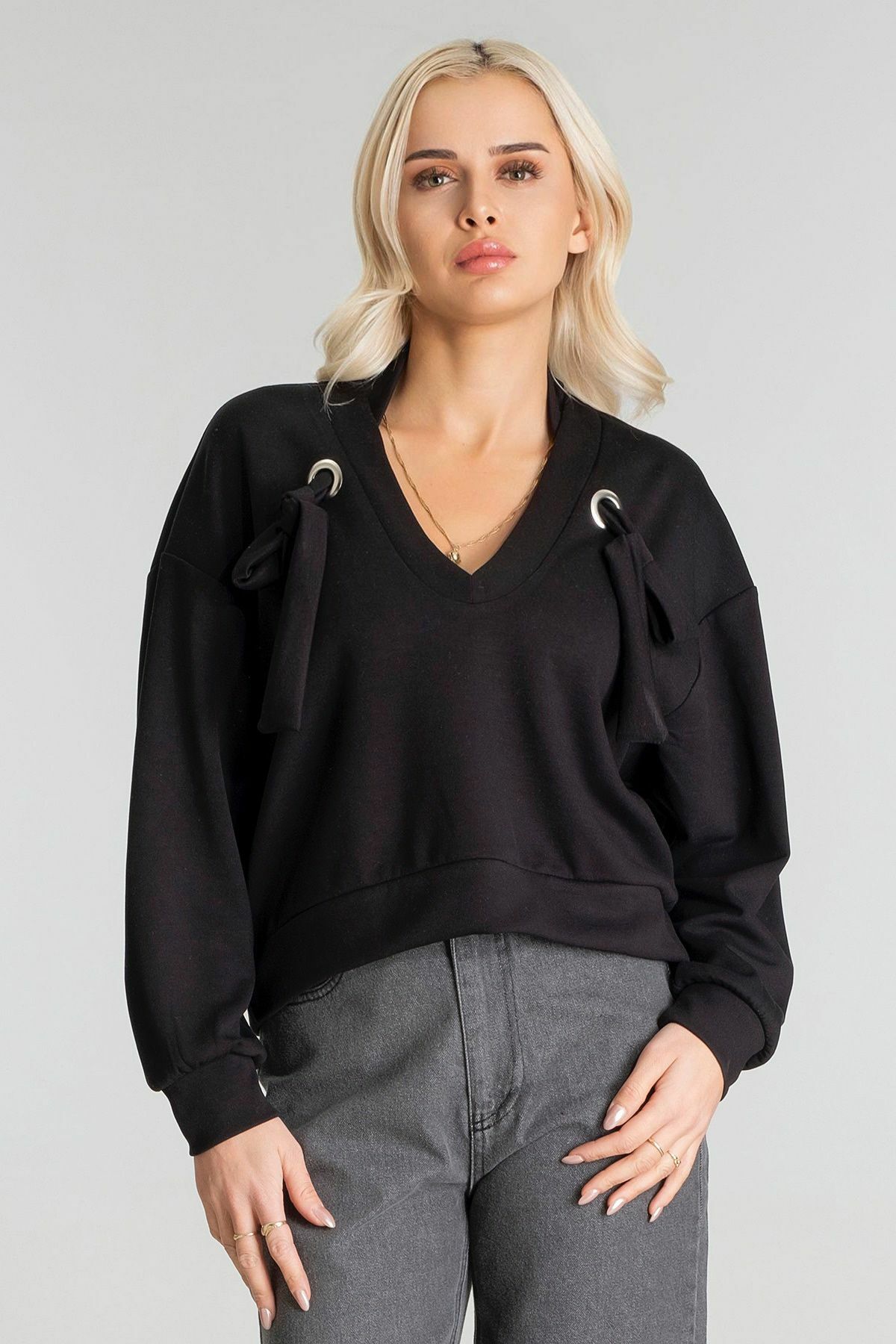Kadın Modal Cupra Kumaş Kuşgözü Kordonlu Sweatshirt XL - Siyah
