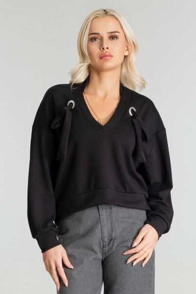 Kadın Modal Cupra Kumaş Kuşgözü Kordonlu Sweatshirt XL - Siyah