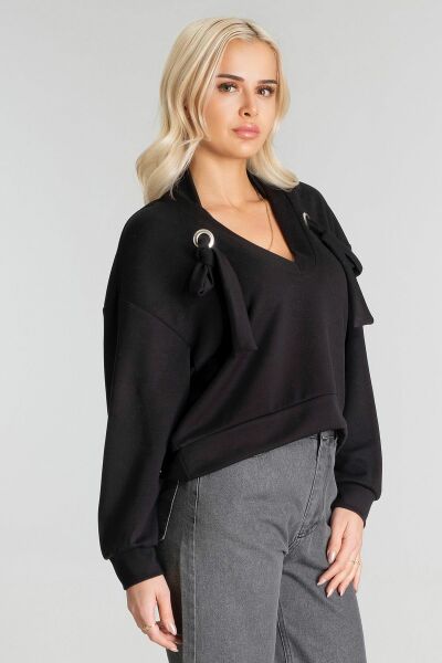 Kadın Modal Cupra Kumaş Kuşgözü Kordonlu Sweatshirt XL - Siyah