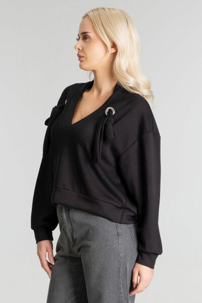 Kadın Modal Cupra Kumaş Kuşgözü Kordonlu Sweatshirt XL - Siyah