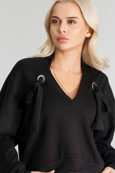 Kadın Modal Cupra Kumaş Kuşgözü Kordonlu Sweatshirt XL - Siyah