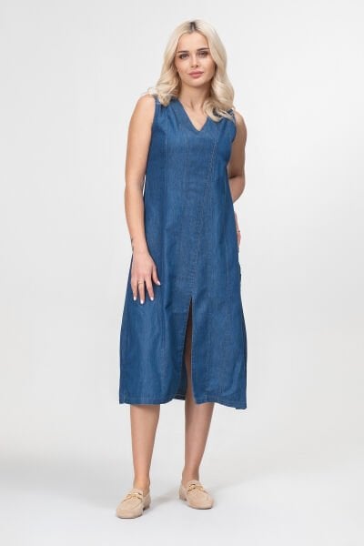 Bold and Young Kadın Yırtmaçlı V Yakalı Kolsuz Pamuklu Elbise XXL - indigo