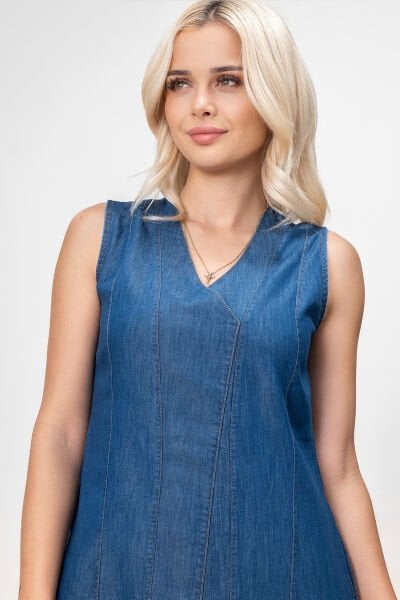 Bold and Young Kadın Yırtmaçlı V Yakalı Kolsuz Pamuklu Elbise XXL - indigo