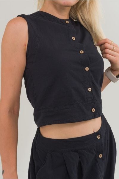 Kadın Siyah Renk Düğmeli Pervazlı Kolsuz Pamuklu Yelek Siyah - XL