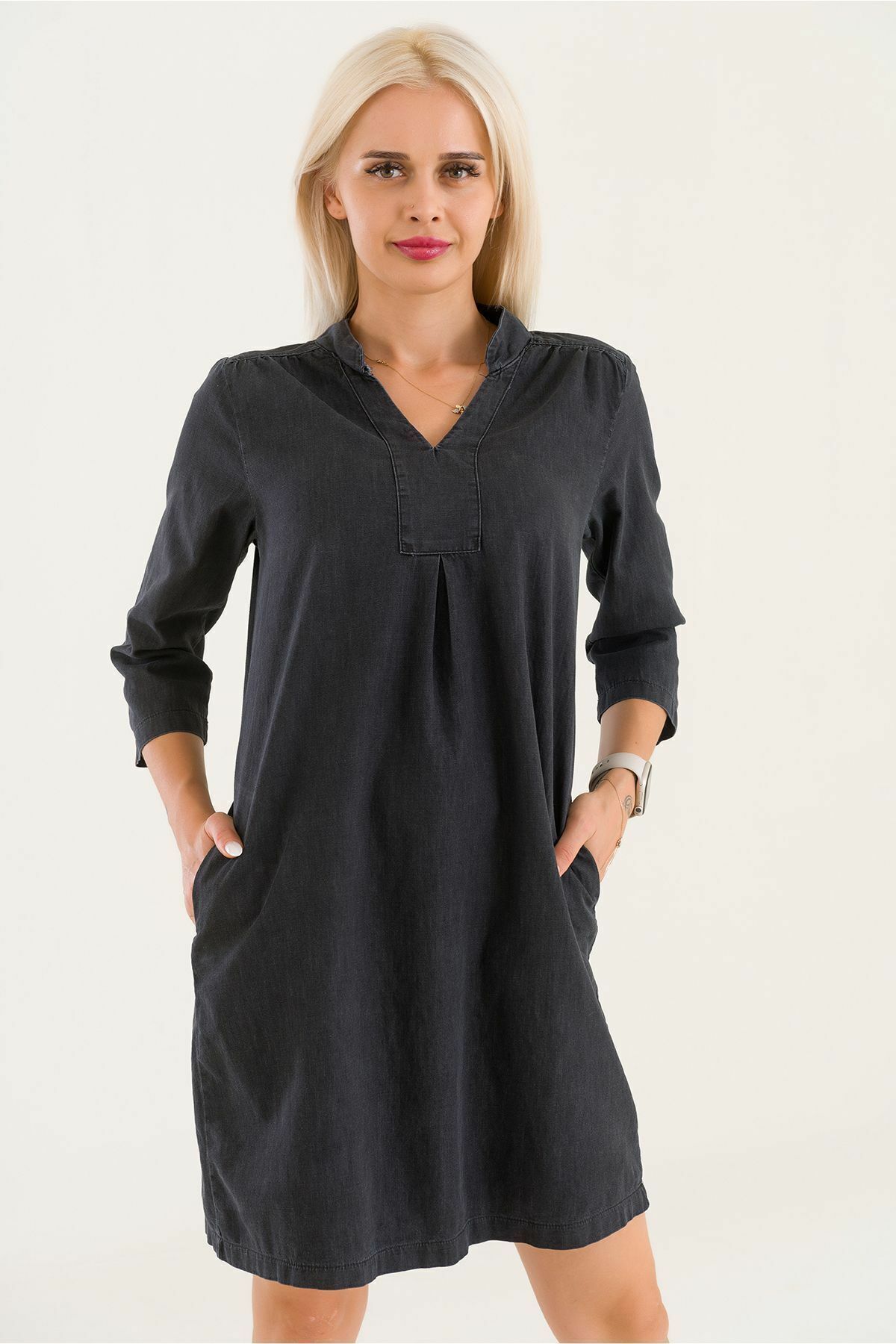 Cepli Yıkanmış Pamuk Likralı Elbise siyah denim - S