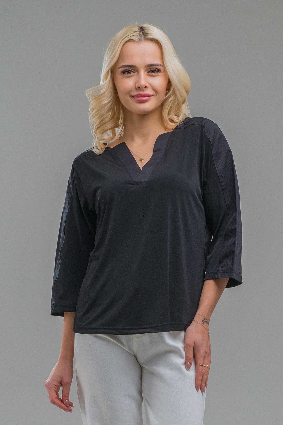 Kadın V Yaka Paraşüt Kumaş Kombinli  Sandy Bluz Siyah - 2XL