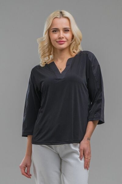 Kadın V Yaka Paraşüt Kumaş Kombinli  Sandy Bluz Siyah - 2XL