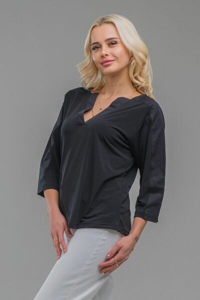 Kadın V Yaka Paraşüt Kumaş Kombinli  Sandy Bluz Siyah - 2XL