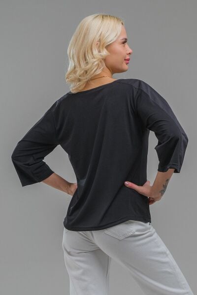 Kadın V Yaka Paraşüt Kumaş Kombinli  Sandy Bluz Siyah - 2XL