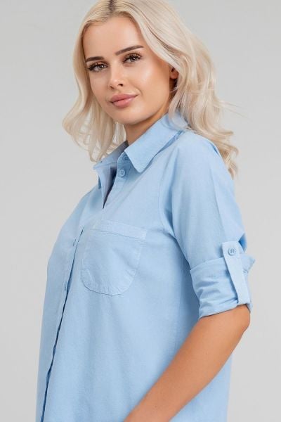 Kadın Ön Arka Oval Pamuklu Dokuma Kumaş  Kol Britli Gömlek Açık Mavi - 2XL
