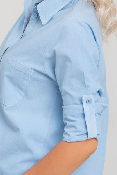 Kadın Ön Arka Oval Pamuklu Dokuma Kumaş  Kol Britli Gömlek Açık Mavi - 2XL