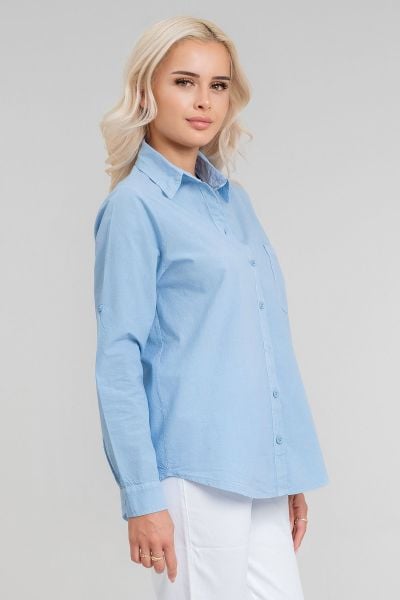 Kadın Ön Arka Oval Pamuklu Dokuma Kumaş  Kol Britli Gömlek Açık Mavi - 2XL