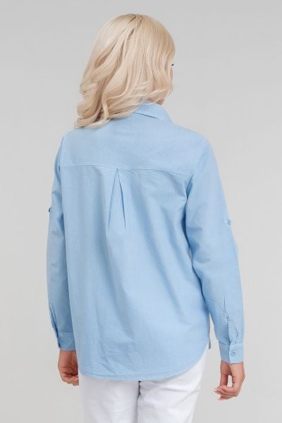 Kadın Ön Arka Oval Pamuklu Dokuma Kumaş  Kol Britli Gömlek Açık Mavi - 2XL