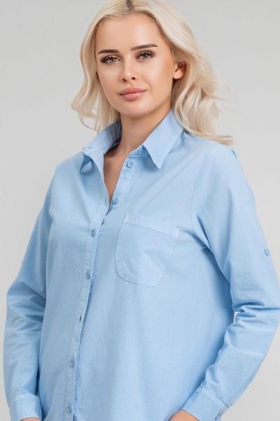 Kadın Ön Arka Oval Pamuklu Dokuma Kumaş  Kol Britli Gömlek Açık Mavi - 2XL