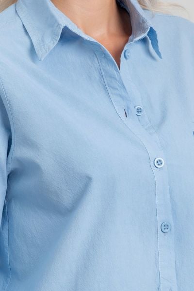 Kadın Ön Arka Oval Pamuklu Dokuma Kumaş  Kol Britli Gömlek Açık Mavi - 2XL