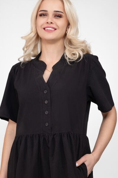 Bold & Young Kadın Cepli Kısa Kollu Yarım Pat Düğmeli Büzgülü Pamuklu Elbise 3XL - Siyah