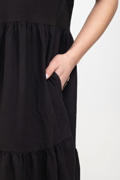 Bold & Young Kadın Cepli Kısa Kollu Yarım Pat Düğmeli Büzgülü Pamuklu Elbise 3XL - Siyah