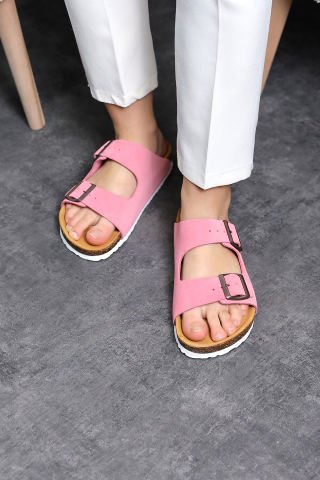 Land of Cork doğal mantar taban şeker pembe süet deri terlik