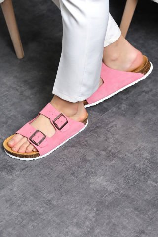 Land of Cork doğal mantar taban şeker pembe süet deri terlik
