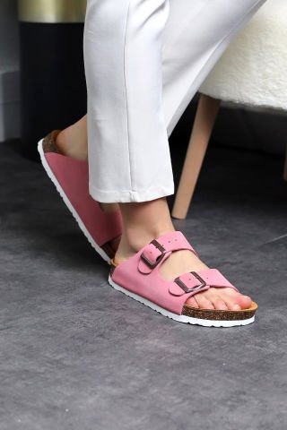 Land of Cork doğal mantar taban şeker pembe süet deri terlik