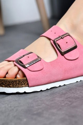 Land of Cork doğal mantar taban şeker pembe süet deri terlik