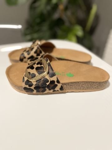 Land of Cork mantar tabanlı leopar desenli deri terlik