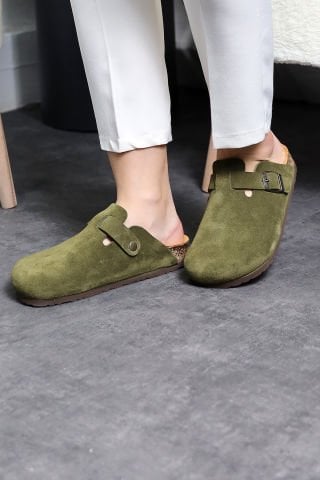 Land of Cork Anatomik Unisex Doğal Mantar Taban Hakiki Süet Deri Haki Kapalı terlik
