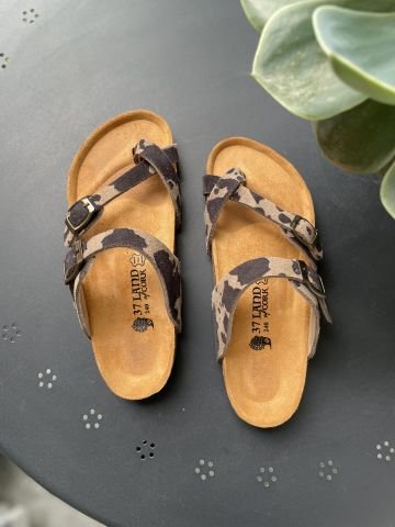 Land of Cork Anatomik Doğal Mantar Taban Parmak Arası Animal Print Kadın Terlik
