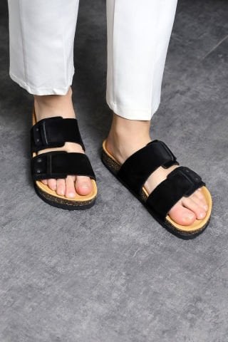 Land of Cork Anatomik Unisex Siyah Doğal Mantar Taban Hakiki Deri Terlik