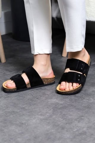 Land of Cork Anatomik Unisex Siyah Doğal Mantar Taban Hakiki Deri Terlik