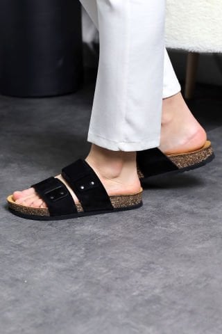Land of Cork Anatomik Unisex Siyah Doğal Mantar Taban Hakiki Deri Terlik