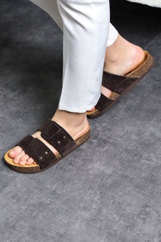 Land of Cork Anatomik Unisex Acı Kahve Doğal Mantar Taban Hakiki Deri Terlik