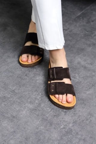Land of Cork Anatomik Unisex Acı Kahve Doğal Mantar Taban Hakiki Deri Terlik
