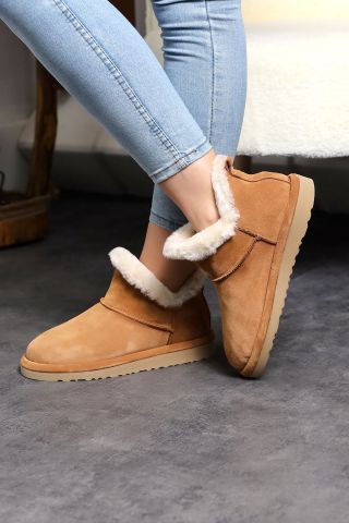 Land of Cork Mini taba Süet Deri Yarım Bot içi gerçek kürklü Düz Taban Kadın Bot