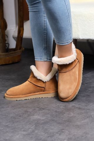 Land of Cork Mini taba Süet Deri Yarım Bot içi gerçek kürklü Düz Taban Kadın Bot