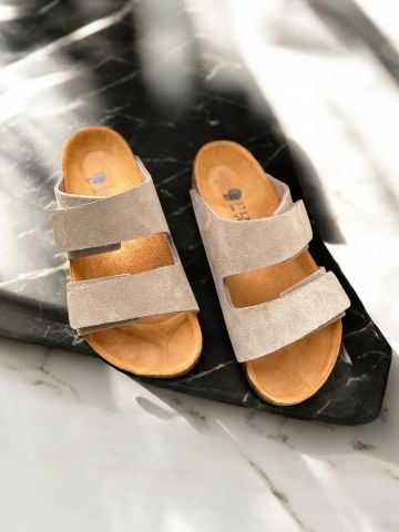 Land of Cork Unisex Hakiki Süet Deri, Doğal Mantar Taban, Ark Destekli, Cırtlı Ayarlanabilir Sandalet