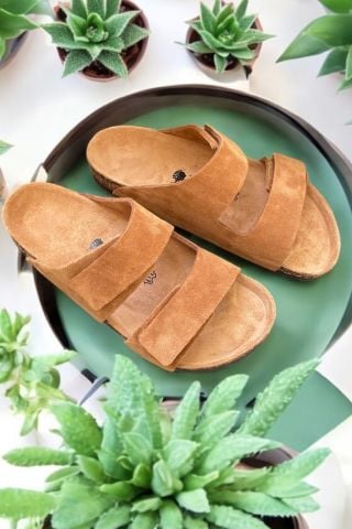Land of Cork Unisex Hakiki Süet Deri, Doğal Mantar Taban, Ark Destekli, Cırtlı Ayarlanabilir Sandalet