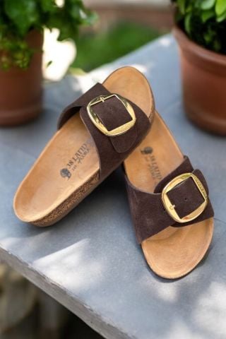 Land of Cork Anatomik Big Buckle Acı Kahve Doğal Mantar Taban Hakiki Deri Terlik
