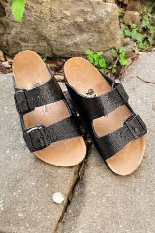 Land of Cork Siyah Hakiki Deri Çift Toka Terlik – Doğal Mantar Taban, Anatomik Unisex