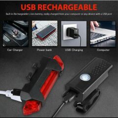 AQY 300 Lümen Usb Şarjlı Bisiklet Ön Arka Far Stop Işık Seti