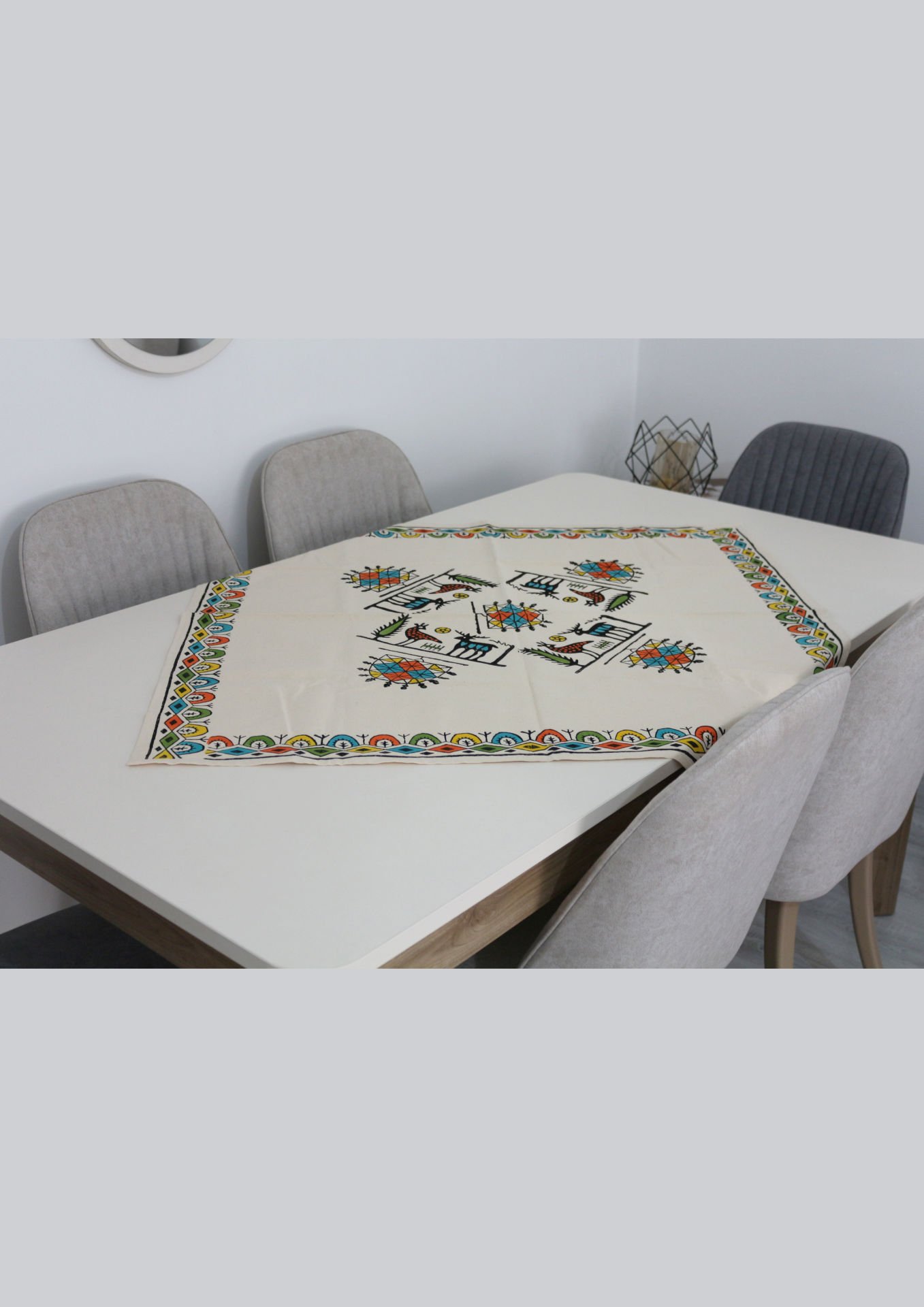 Traditional Wooden Hand Printed Hittite Pattern Square Table Cloth Colorful