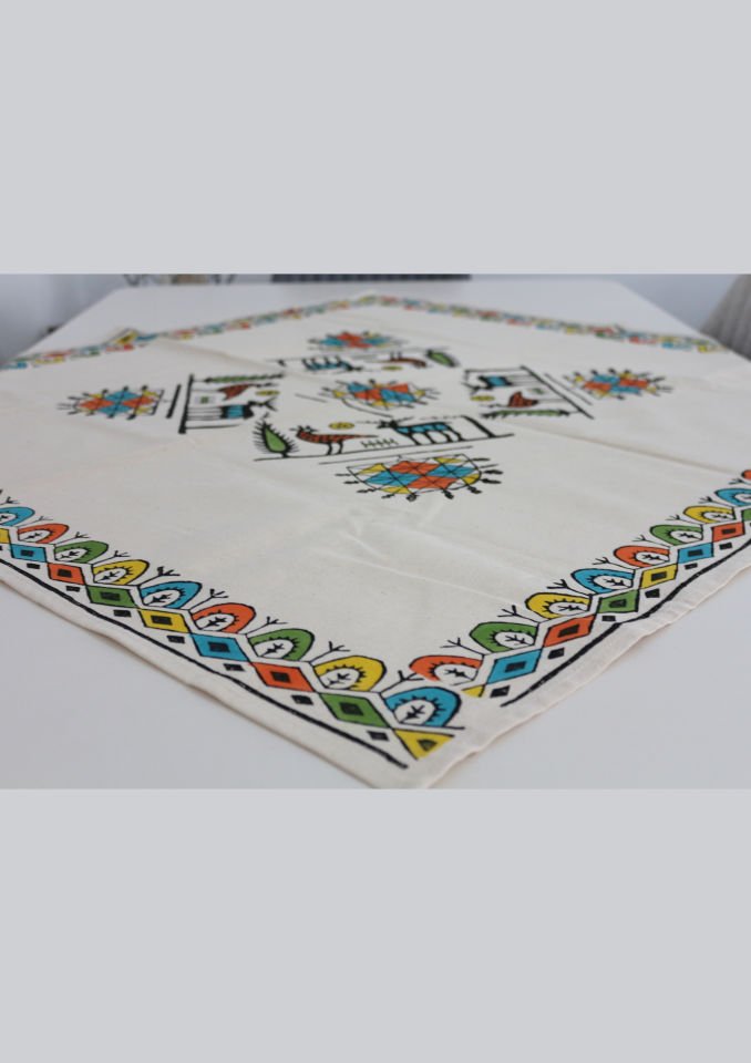 Traditional Wooden Hand Printed Hittite Pattern Square Table Cloth Colorful