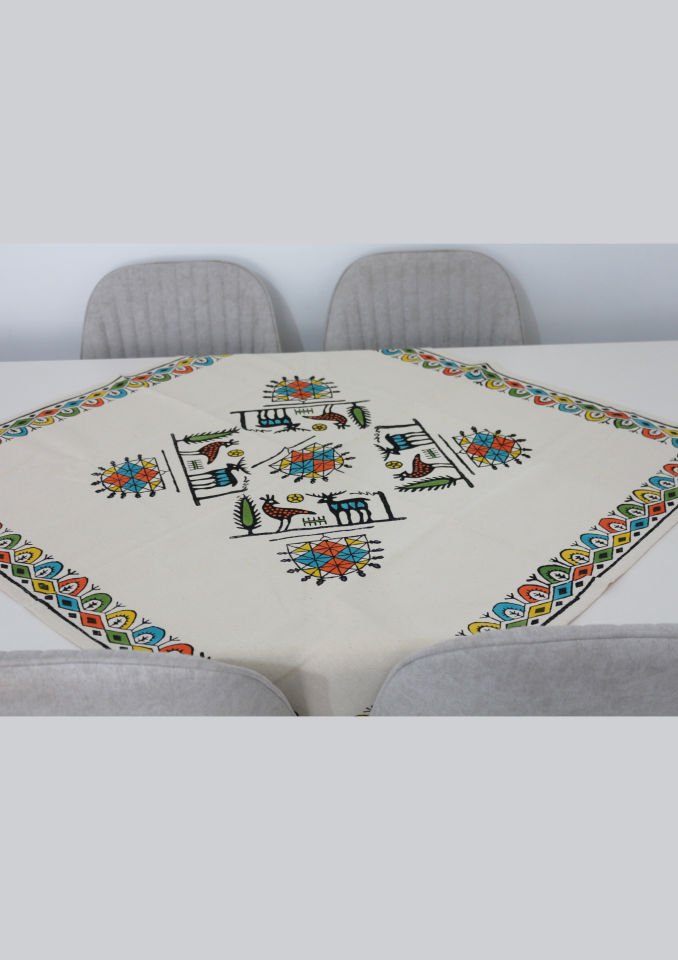 Traditional Wooden Hand Printed Hittite Pattern Square Table Cloth Colorful