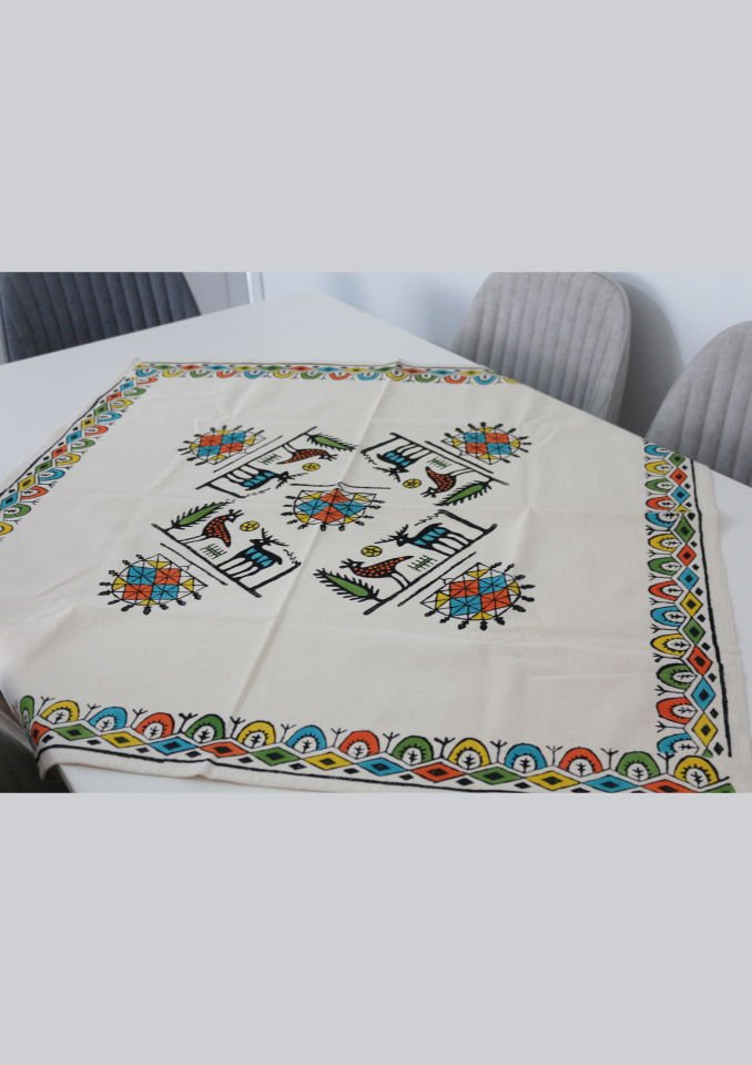 Traditional Wooden Hand Printed Hittite Pattern Square Table Cloth Colorful