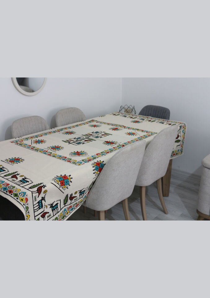 Traditional Hand Printed Hittite Pattern Rectangle Table Cloth Colorful