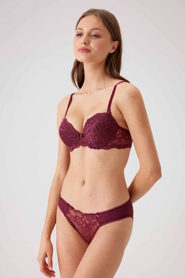 Pierre Cardin 4561 Balenli Dantelli Destekli Sütyen Takım Mürdüm